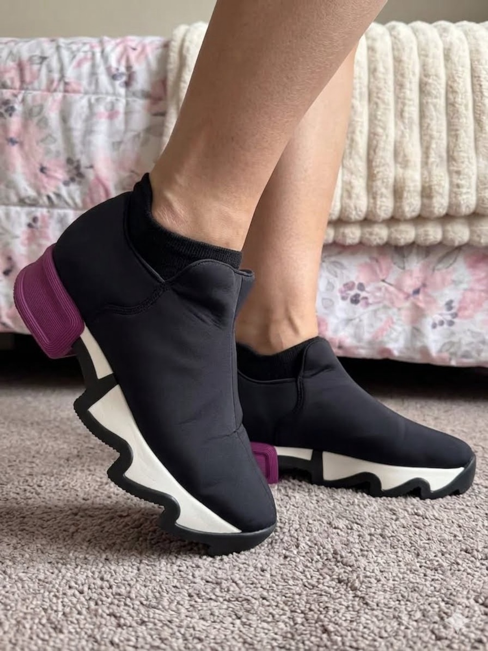 Women’s Black Slip-On Sock Sneakers with Purple Heel Accent